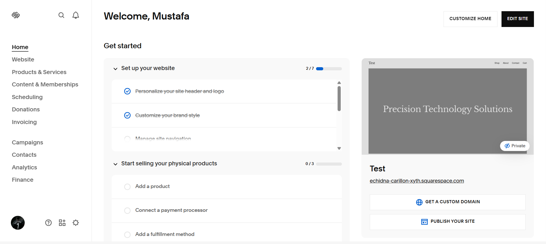 Squarespace dashboard home screen