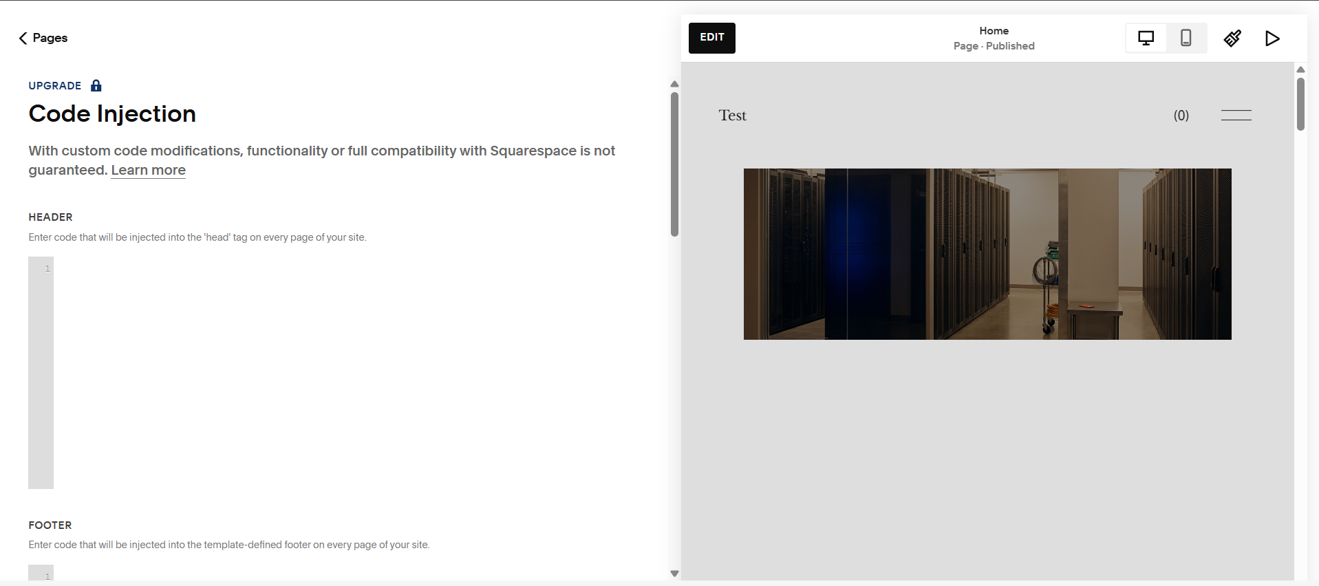 Squarespace Code Injection panel with Header and Footer fields