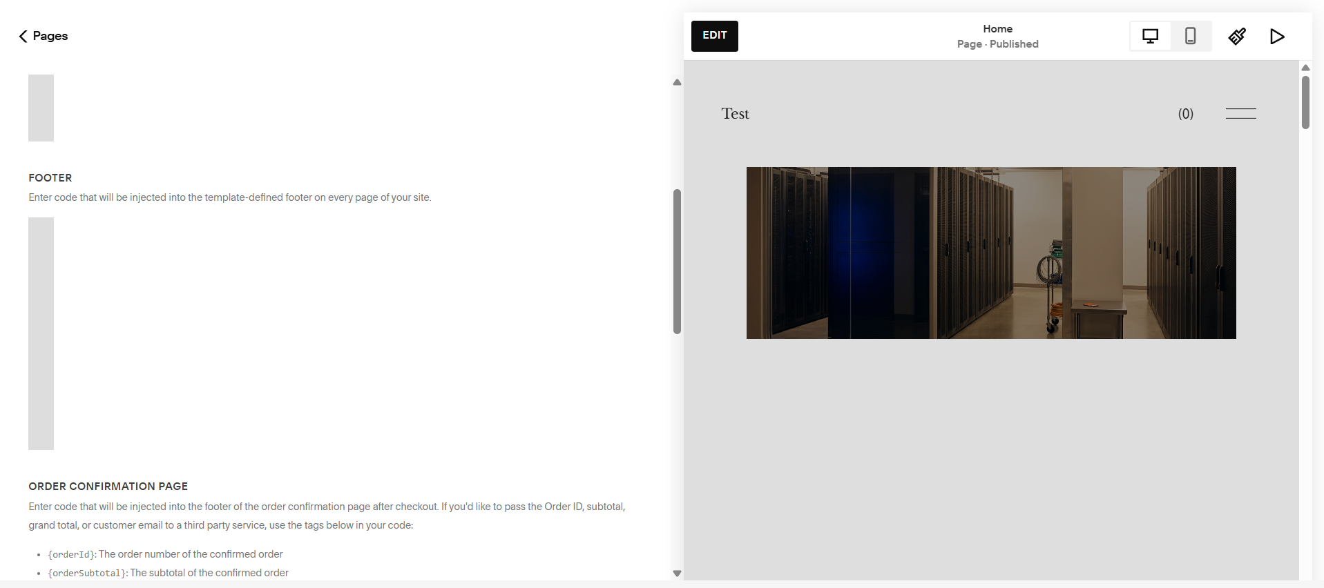The Footer field inside Code Injection