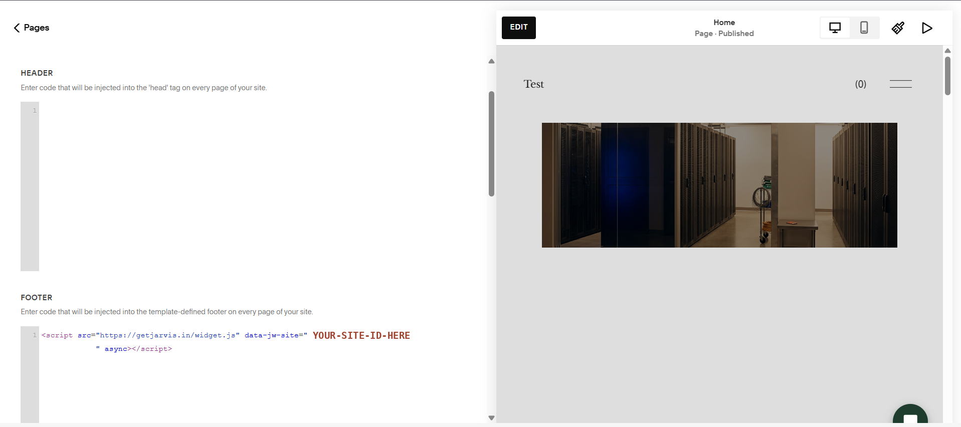 The Jarvis script tag pasted into the Footer field