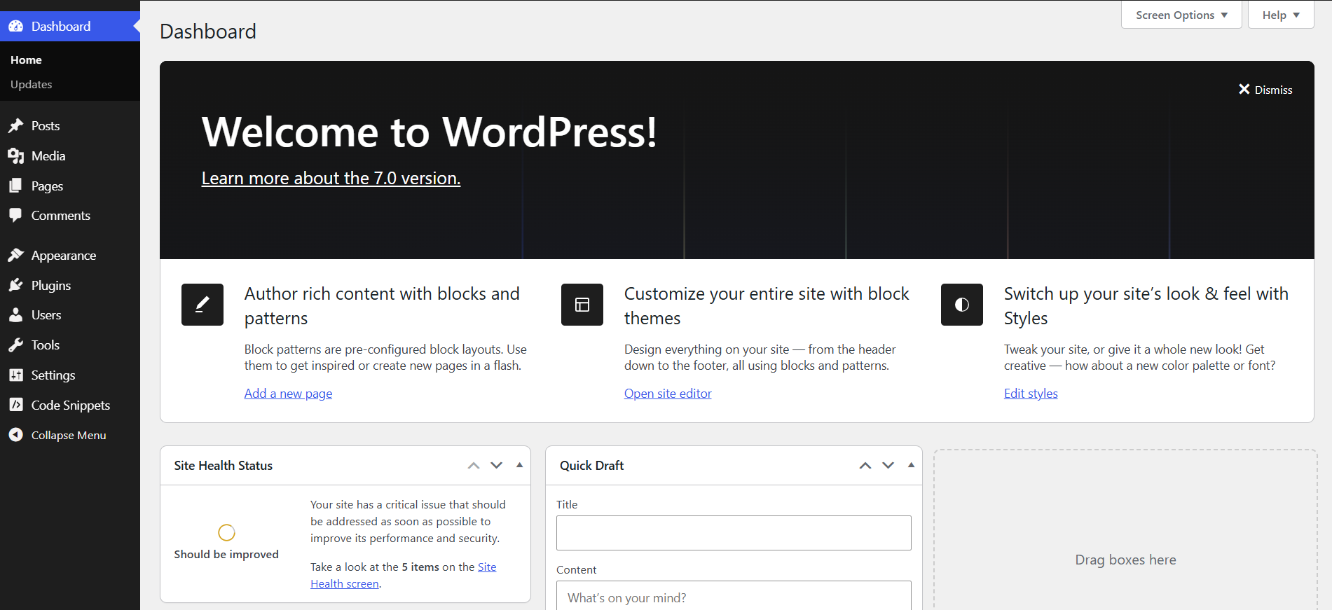 WordPress dashboard home
