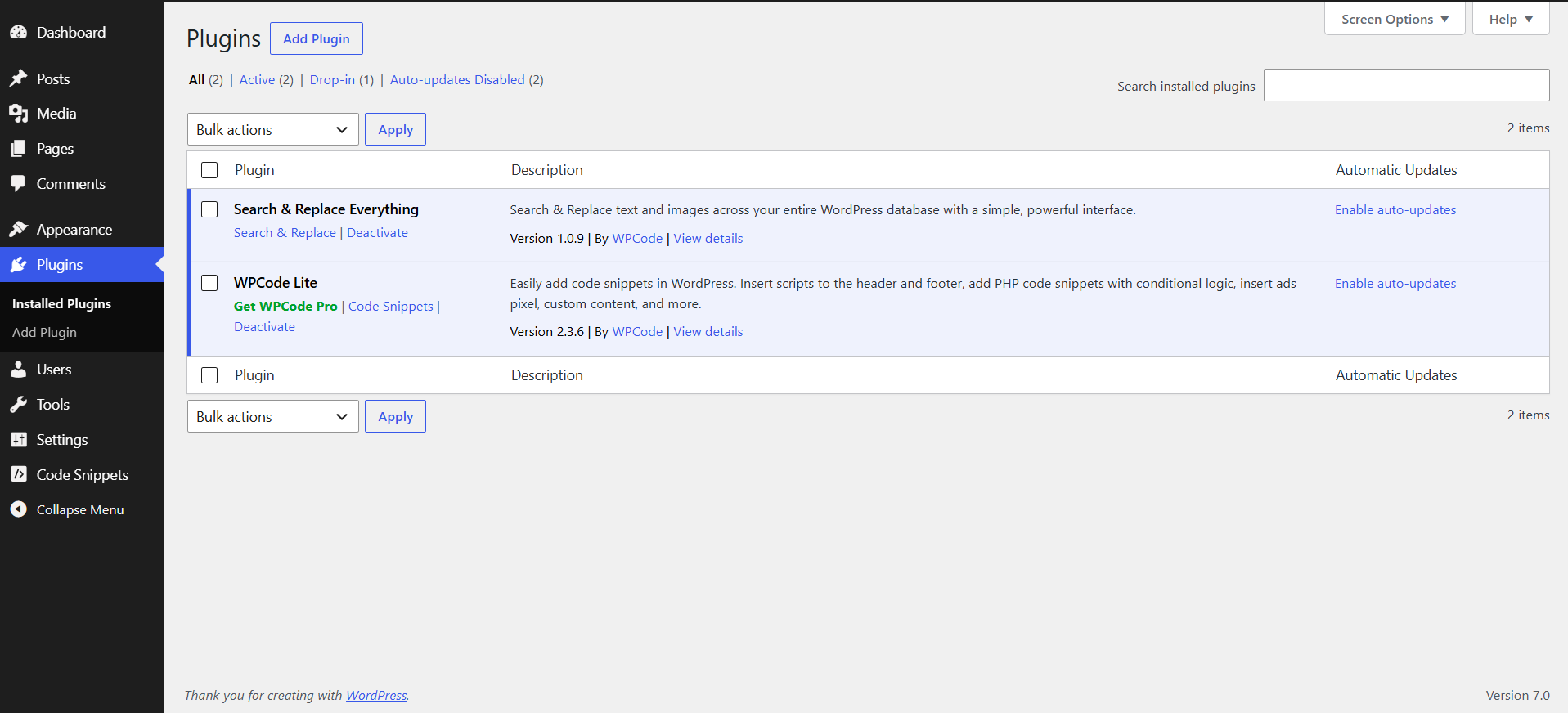 WPCode Lite shown as active in the plugins list