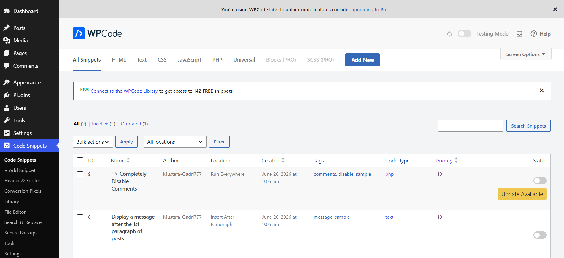 The Code Snippets section in the WordPress sidebar