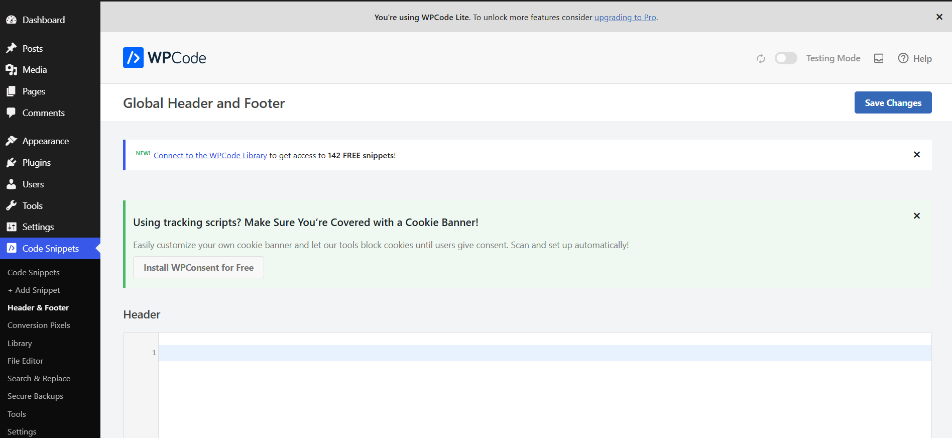 The Global Header and Footer page inside WPCode