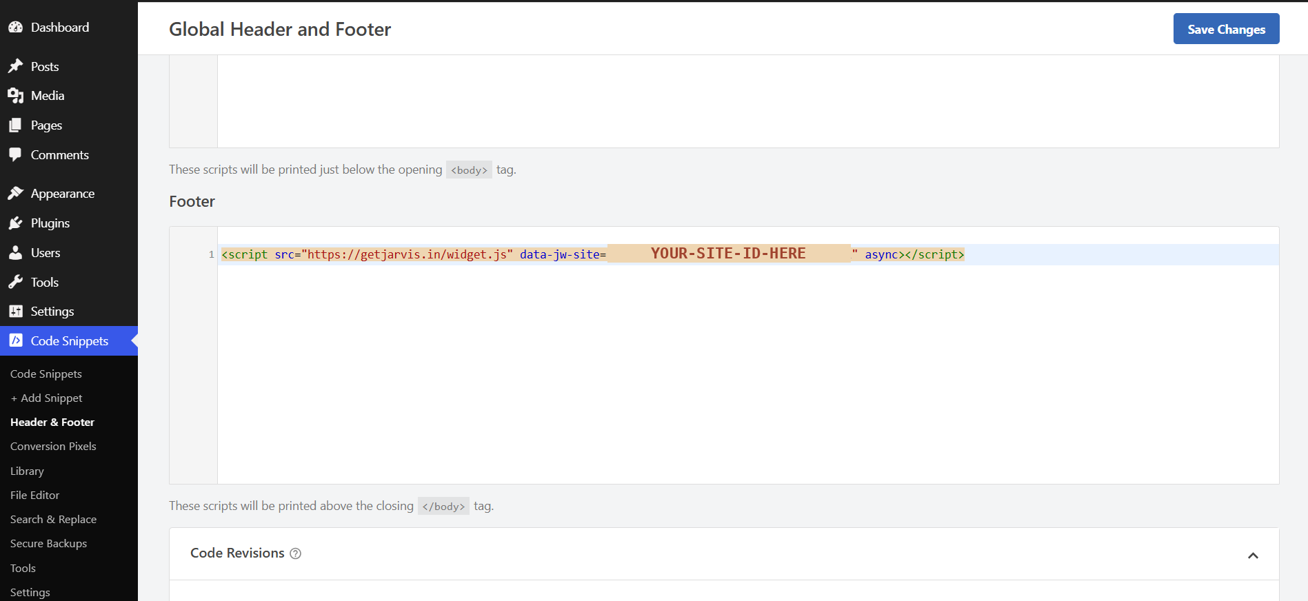 The Jarvis script tag pasted into the WPCode Footer field